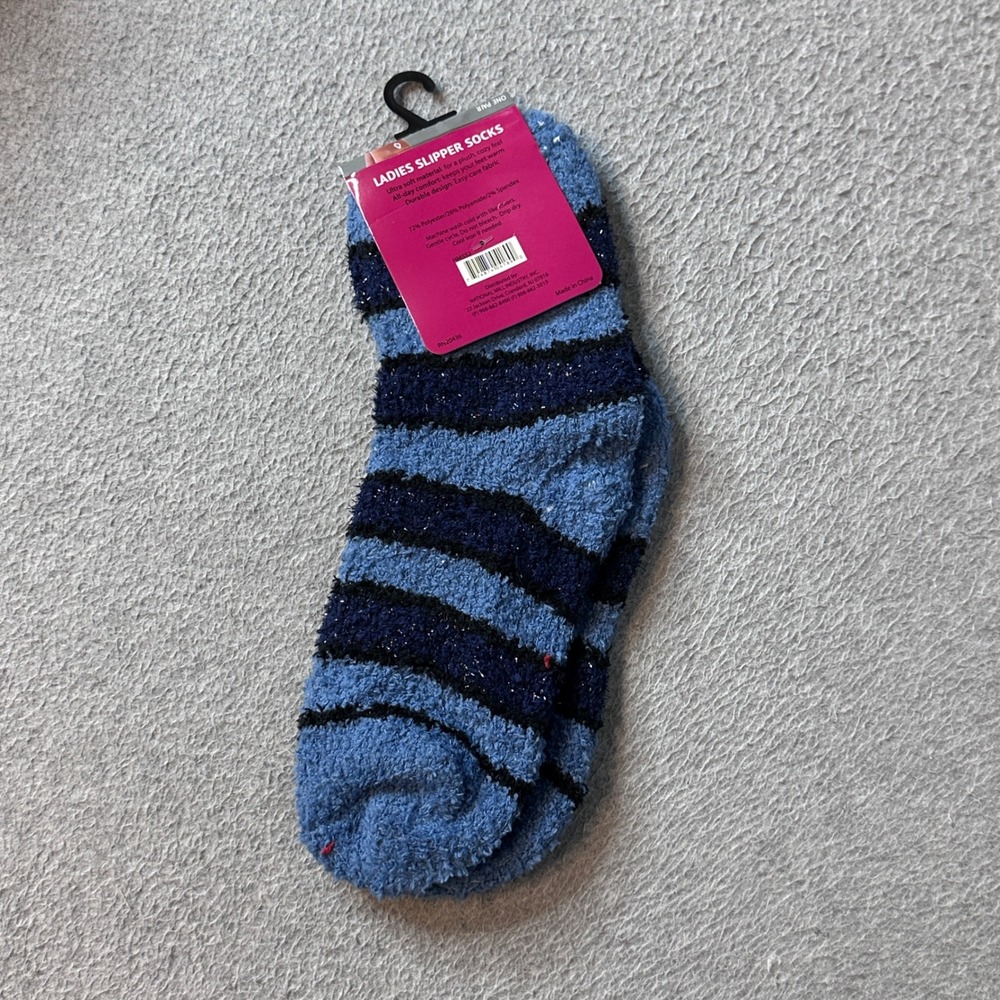 Comfy Lifestyle Slipper Socks Womens OS Blue Striped Glitter Fuzzy Plush Cozy - Picture 2 of 4